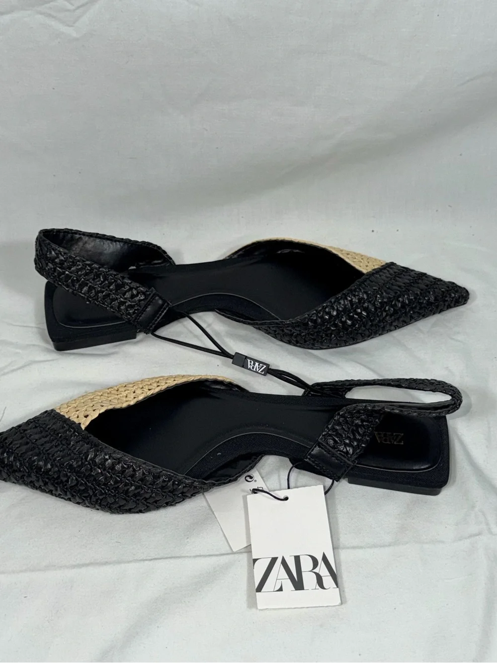 Zara Woven Raffia Slingback Flats NWT Black Beige Pointed Toe Flat Sandal 39 8 - Picture 3 of 7